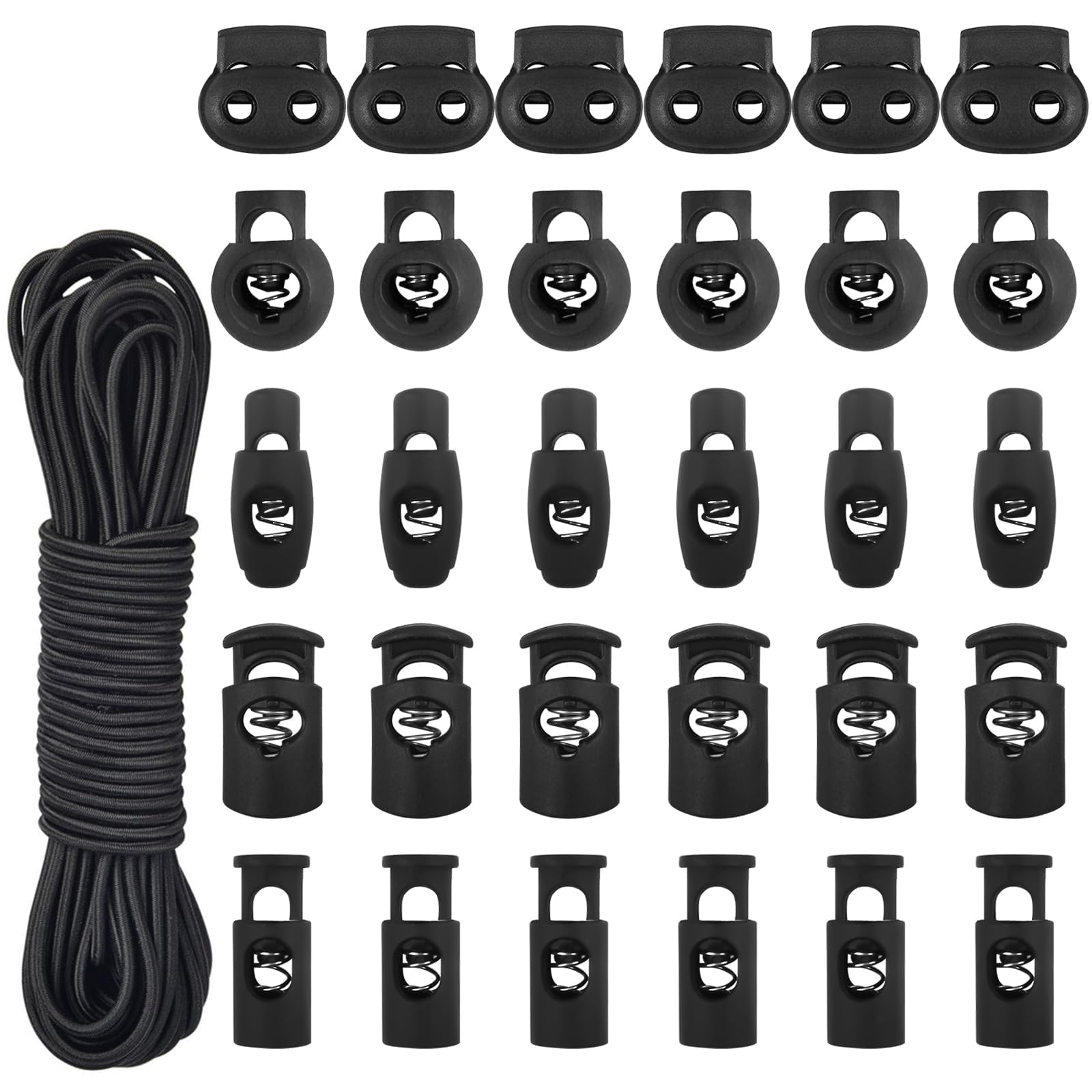 Sheryl&Rain 100Pcs Plastic Cord Locks, 3mm*4m Black Elastic Cord, 5 Styles Spring Toggle Stoppers Fastener Slider with Elastic Drawstring for Shoelaces Clothing Backpack (100|Black)