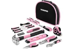 WORKPRO 103-Piece Pink Tool Kit – Hand Tool Set with Easy Carrying Round Pouch - Durable, Long Lasting Chrome Finish Tools - 