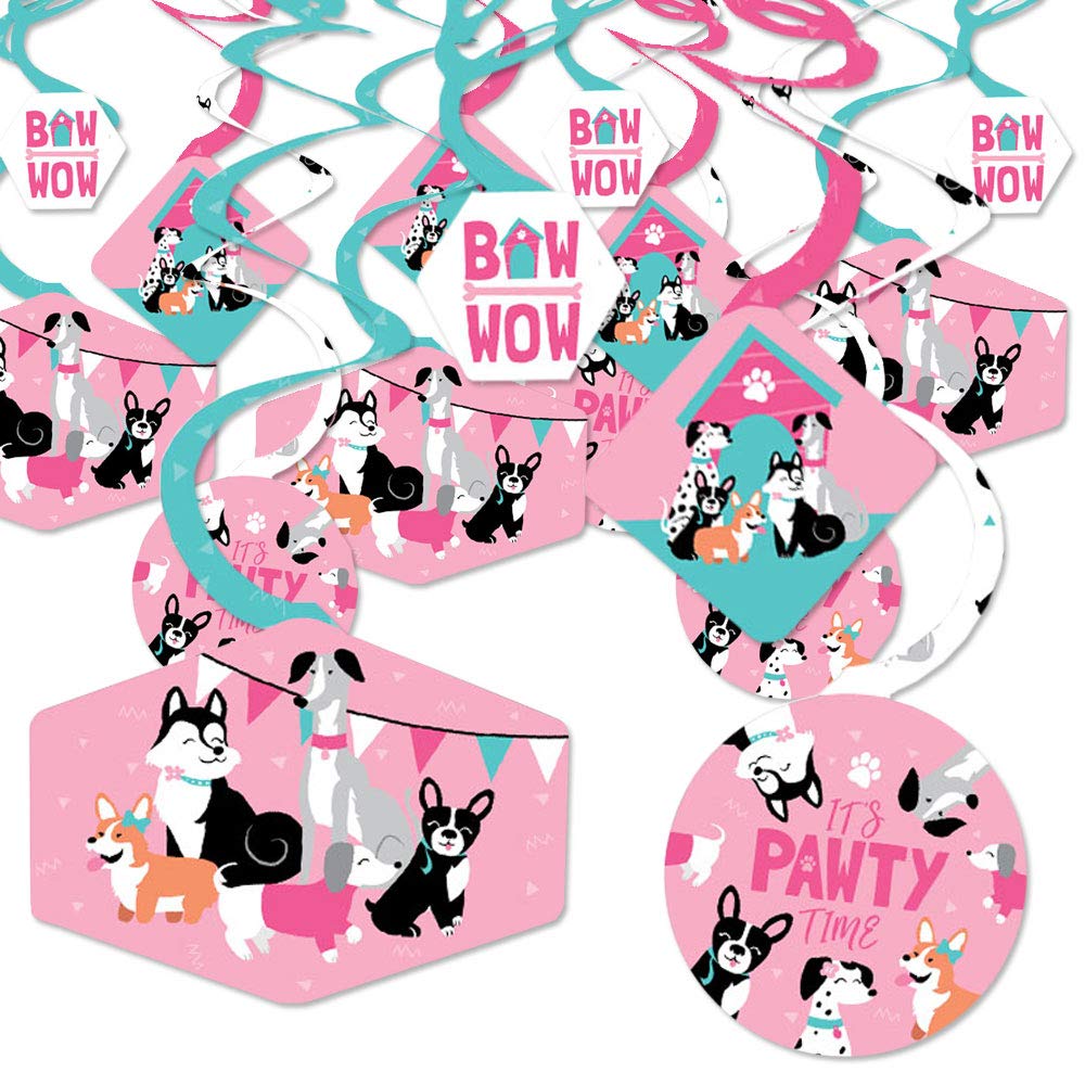 Big Dot of Happiness Pawty Like a Puppy Girl - Pink Dog Baby Shower or Birthday Party Hanging Decor - Party Decoration Swirls - Set of 40