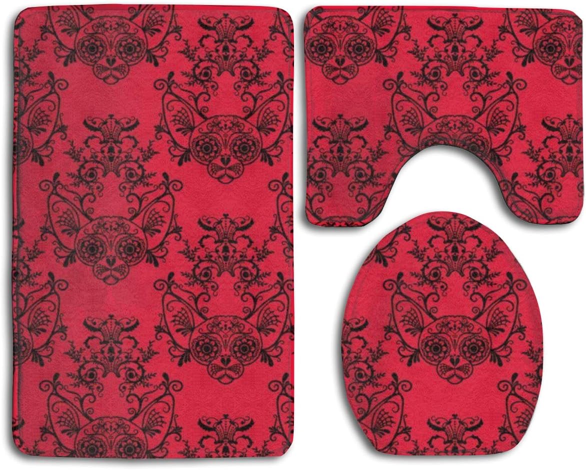Sphynx Cat Damask Red Bathroom Carpet Mat Set 3 Piece Anti