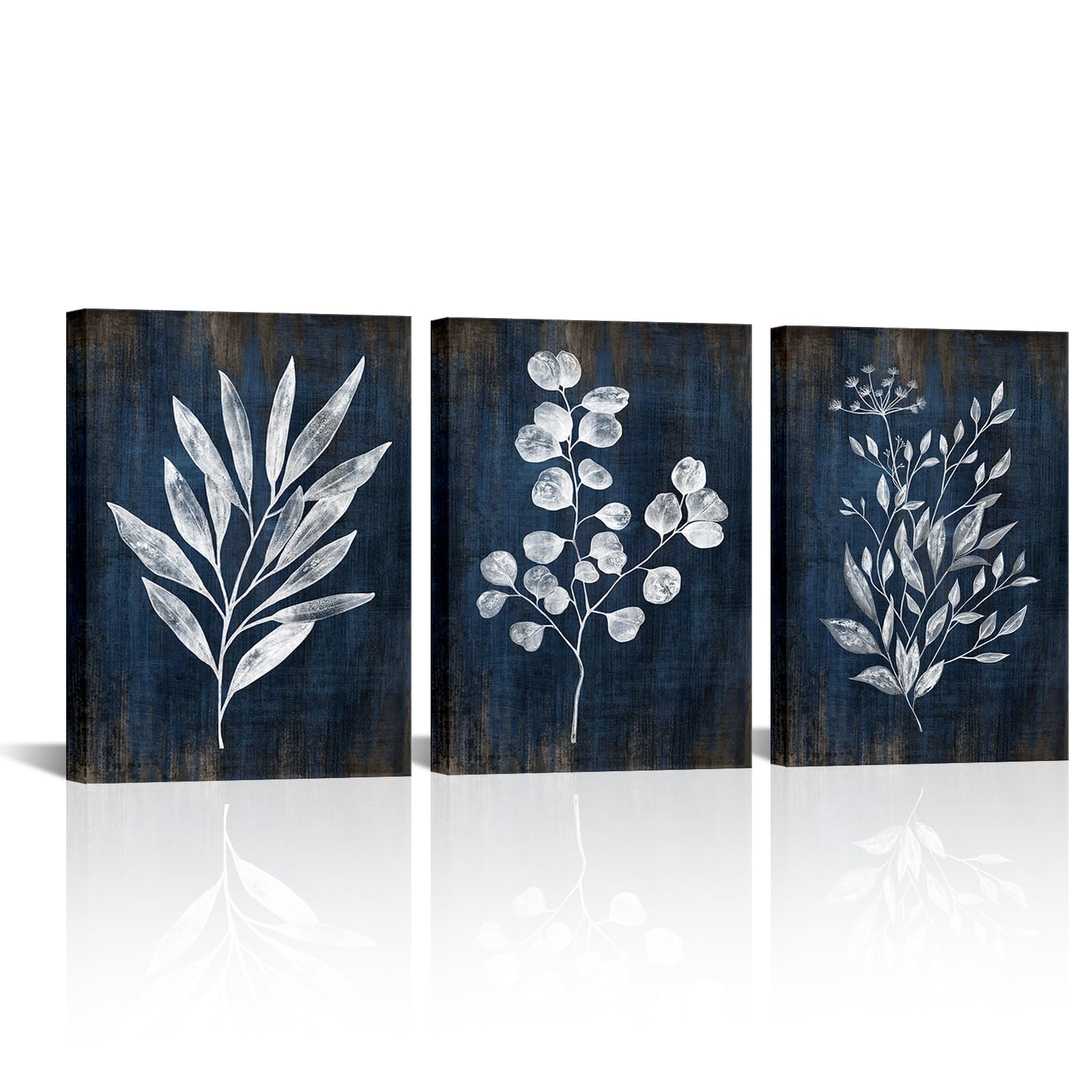 Photo 1 of Conipit Navy Blue Botanical Painting Rustic Botanical Wall Art Canvas Abstract Blue White Leaf Plant Artwork Prints Framed For Living Room Bedroom Wall Decor 12''X16''X3pcs