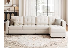 Belffin Sectional Couch with Reversible Chaise, Velvet Fabric Modern L-Shape Sofa with Storage Seats, 4-Seat Corner Couch Modular Sofa with Ottoman, Beige