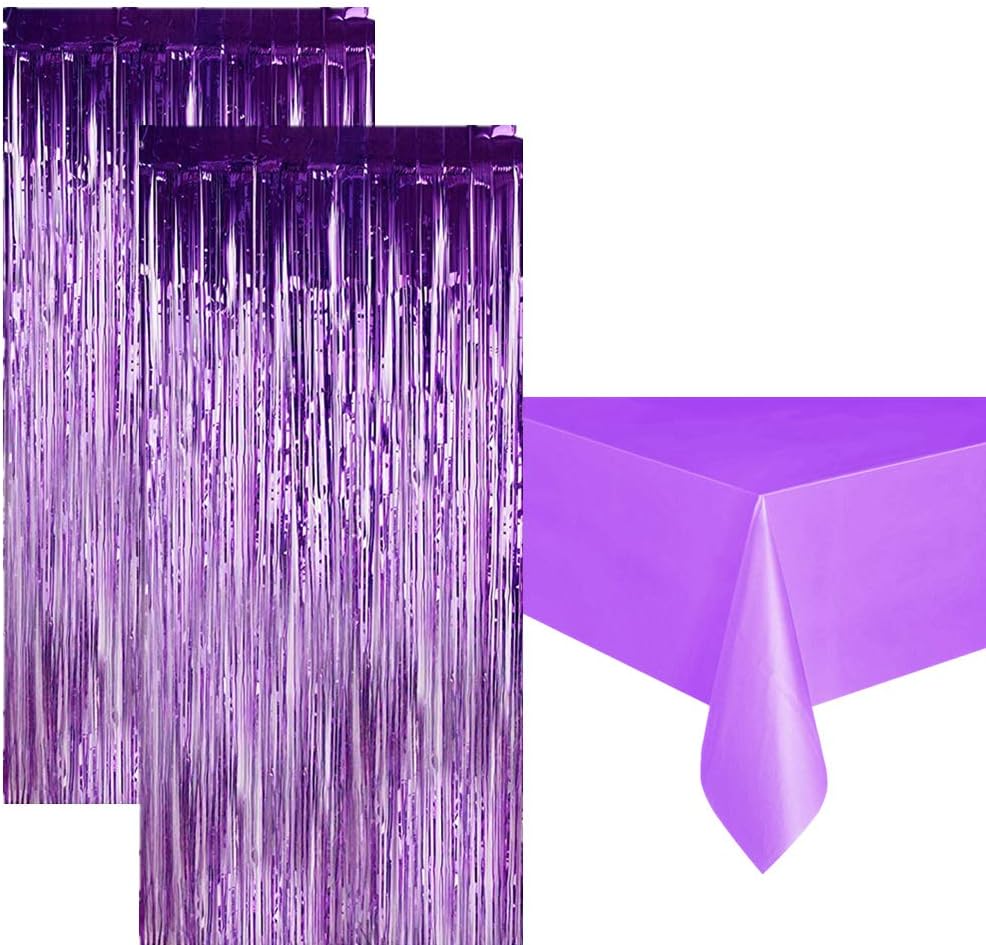 obqo 2 Pack 3ft x 8.3ft Purple Foil Fringe Curtains Metallic Tinsel Curtains Photo Booth Propsv and 1 Pack Purple Plastic Tablecloth for Birthday Baby Shower Wedding Purple Party Decorations
