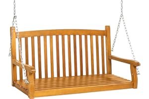 Best Choice Products 48in Wood Porch Swing Outdoor Patio Hanging Bench Chair Furniture for Deck, Garden, Yard w/Mounting Chains, Curved Back Design, 500lb Weight Capacity - Brown
