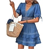 SOLY HUX Women's Summer Dress Hollow Out Lace V Neck Puff Short Sleeve A Line Layered Short Dresses