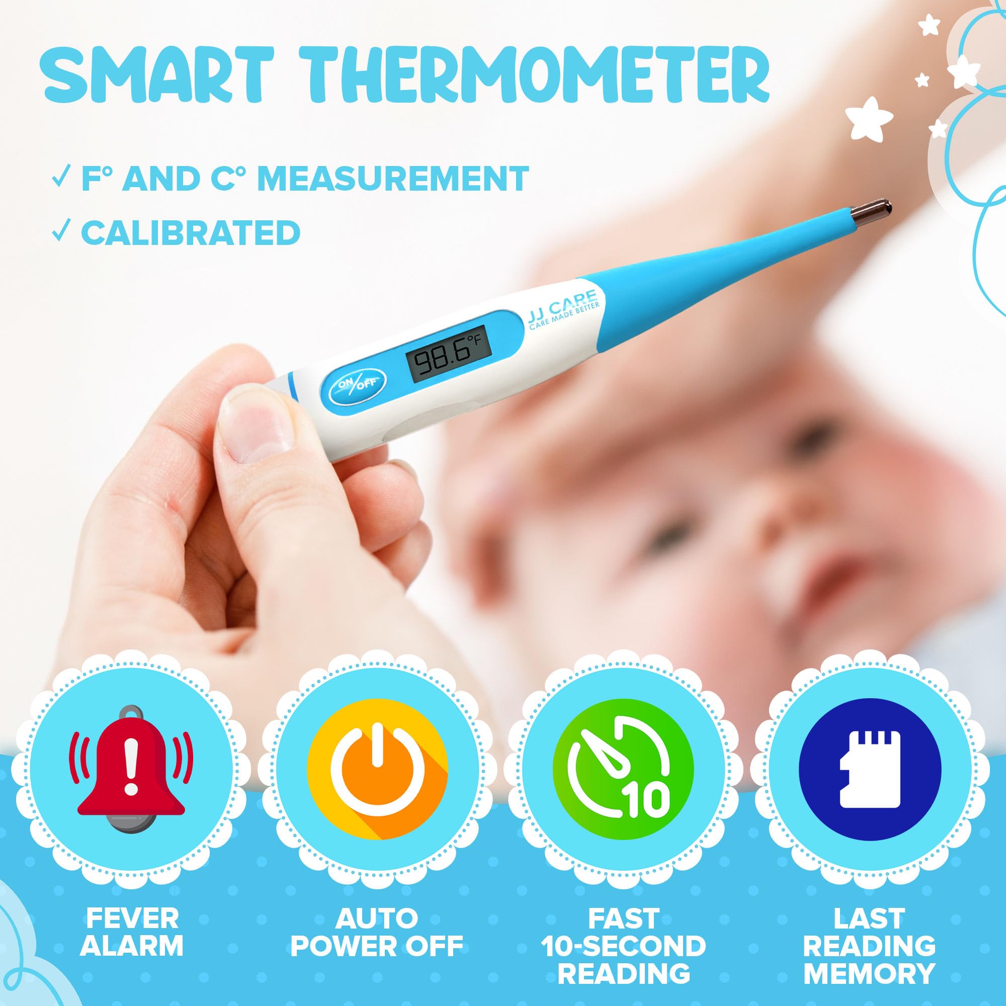 JJ CARE Oral Thermometer with LCD Display, Calibrated Oral Thermometer for Babies and Adults, 10 Seconds Fast Reading Oral Digital Thermometer for Fever with 10 Disposable Covers