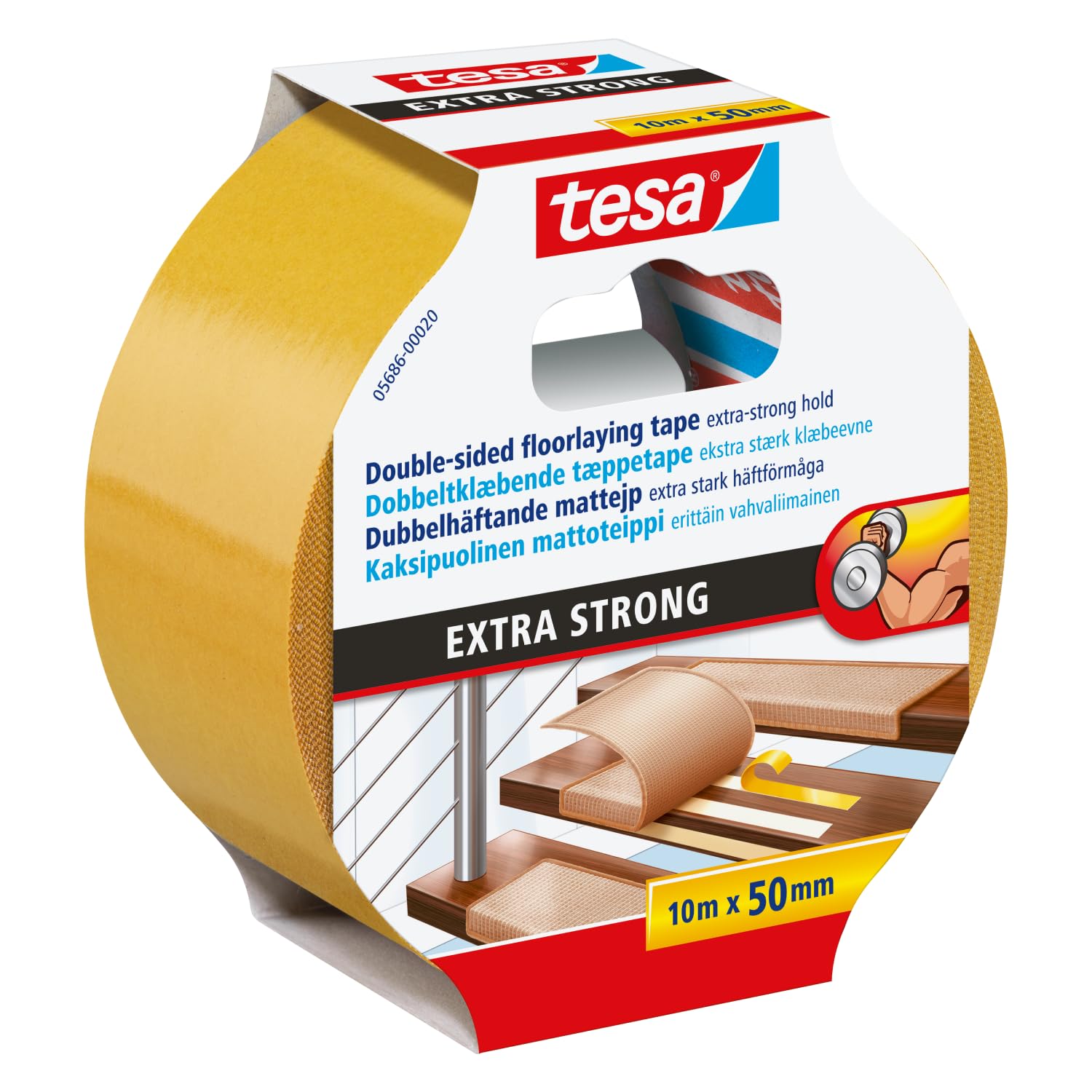 tesa Verlegeband extra stark klebend - Doppelseitiges Klebeband zum Verlegen von Teppich und PVC-Belag - doppelseitig klebend - 10 m x 50 mm