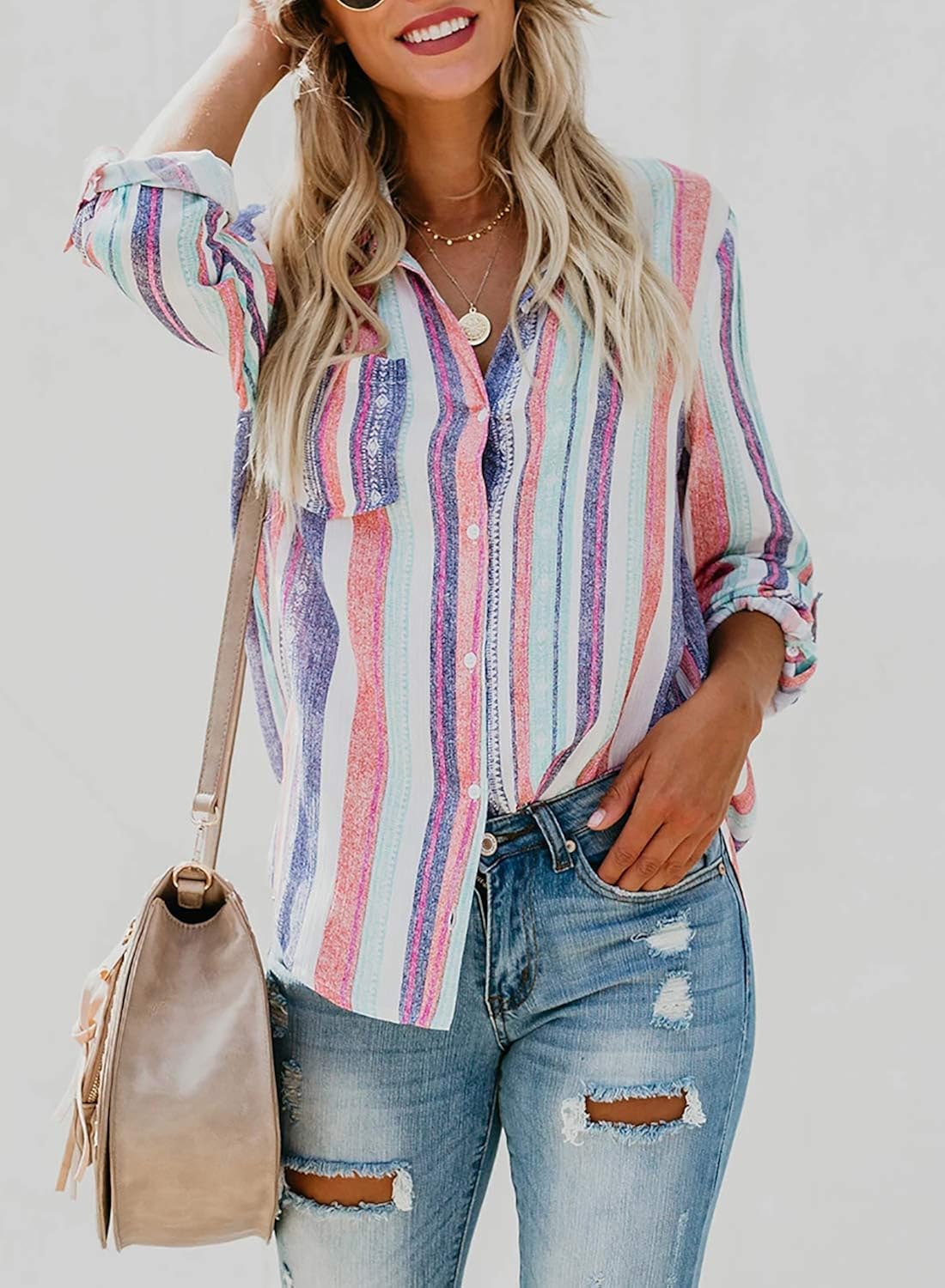 Astylish Women V Neck Striped Roll up Sleeve Button Down Blouses Tops at  Women’s Clothing store