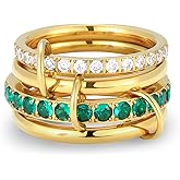 E.B.belle Gold Stackable Rings for Women,18K Gold Plated with Green Cubic Zirconia,Vintage Gold Stacked Multi Ring Interlocking Mixed Stacked Rings for Women Non Tarnish