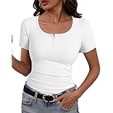 JUSTFASHIONNOW Womens Short Sleeve Tops Stretchy Henley Scoop Neck Fitted Casual Basic Ribbed T-Shirts 2026 Summer Trendy