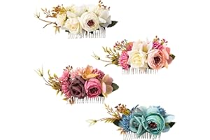 Cinaci 4 Pack Large Artificial Flower Metal Hair Side Combs Floral Slide Hair Clips Wedding Bridal Headpieces Hairpins Barrettes Decorative Hair Comb Bun Accessories for Women Girls Brides Bridesmaids