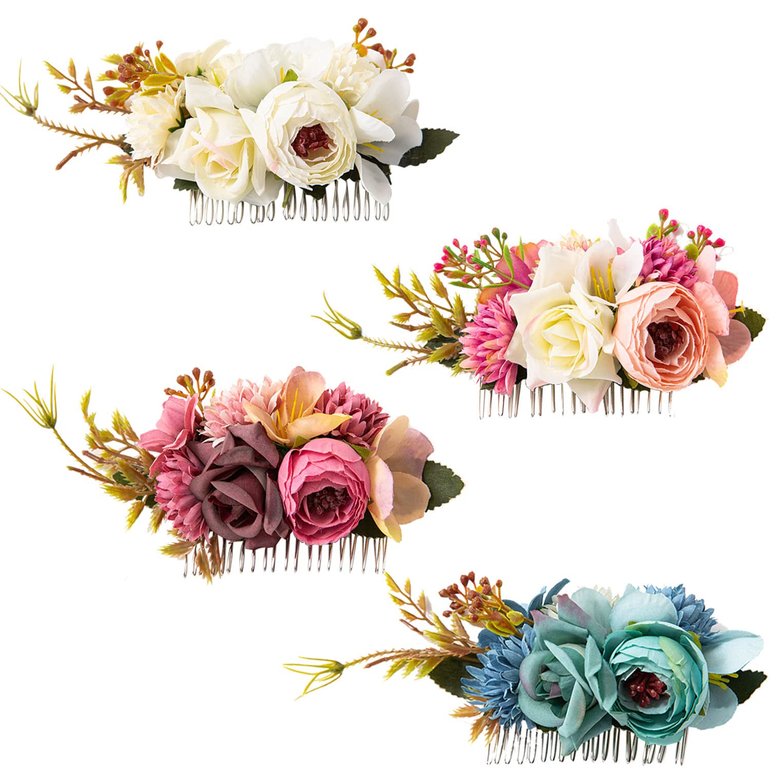 Cinaci 4 Pack Artificial Flower Metal Hair Side Combs Slides Clips Floral Wedding Bridal Headpieces Hairpins Barrettes Bun Chignon Hair Accessories for Women Flower Girls Brides Bridesmaids