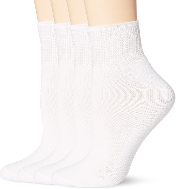 MediPEDS Women's Diabetic Quarter Socks, 4 Pairs, White, Shoe Size 5