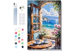 Bowetile Framed Landscape Paint by Numbers Kit for Adults, Adults' Paint-by-Number Kits on Canvas, Painting by Numbers Seasid