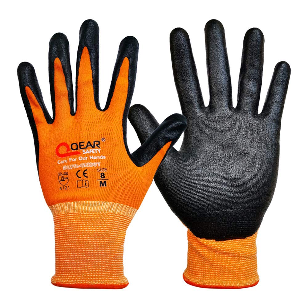 3 Pairs Nitrile Rubber Palm Coated Safety Work Gloves, Fine Knitted Bright Orange Color Liner, Oil/Greasy Resistance Palm, Multi-Purpose Wse, Mechanic Work, DIY, Construction, Gardening (9/L)