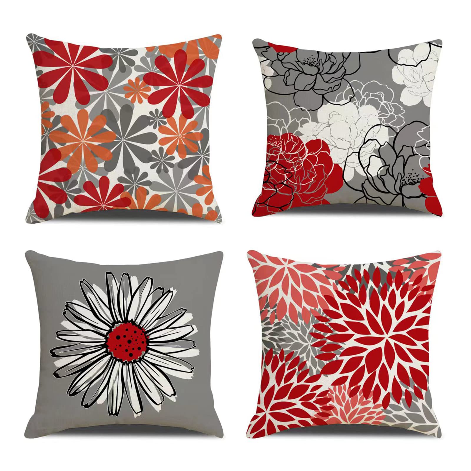 Cushion Covers,Cushion Covers 45 x 45 set of 4 Floral Decorative Square Pillow Cushion Cover Red Modern Daisy Pillow Cover Grey Decorative Floral Pillow Cover for Outdoor Home Sofa Bedroom Decor