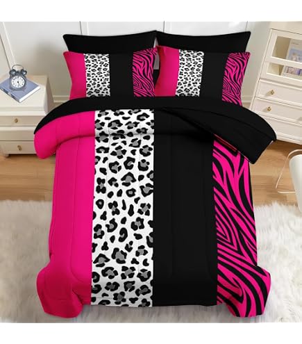 Set Letto 7 Pezzi Hot Zebra Leopardo: Piumone King Size Rosa E Nero In Microfibra