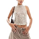 iTranyee Women Sexy Sequin Tank Top Y2k Sparkly Glitter Crew Neck Sleeveless Cami Shirt Shinny Slim Fit Vest for Club