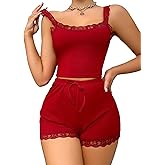 FEOYA Women's Sexy Pyjama Set Lace Trim Cami Top Shorts Set Sleepwear Spaghetti Strap Lounge PJ Set Nightwear