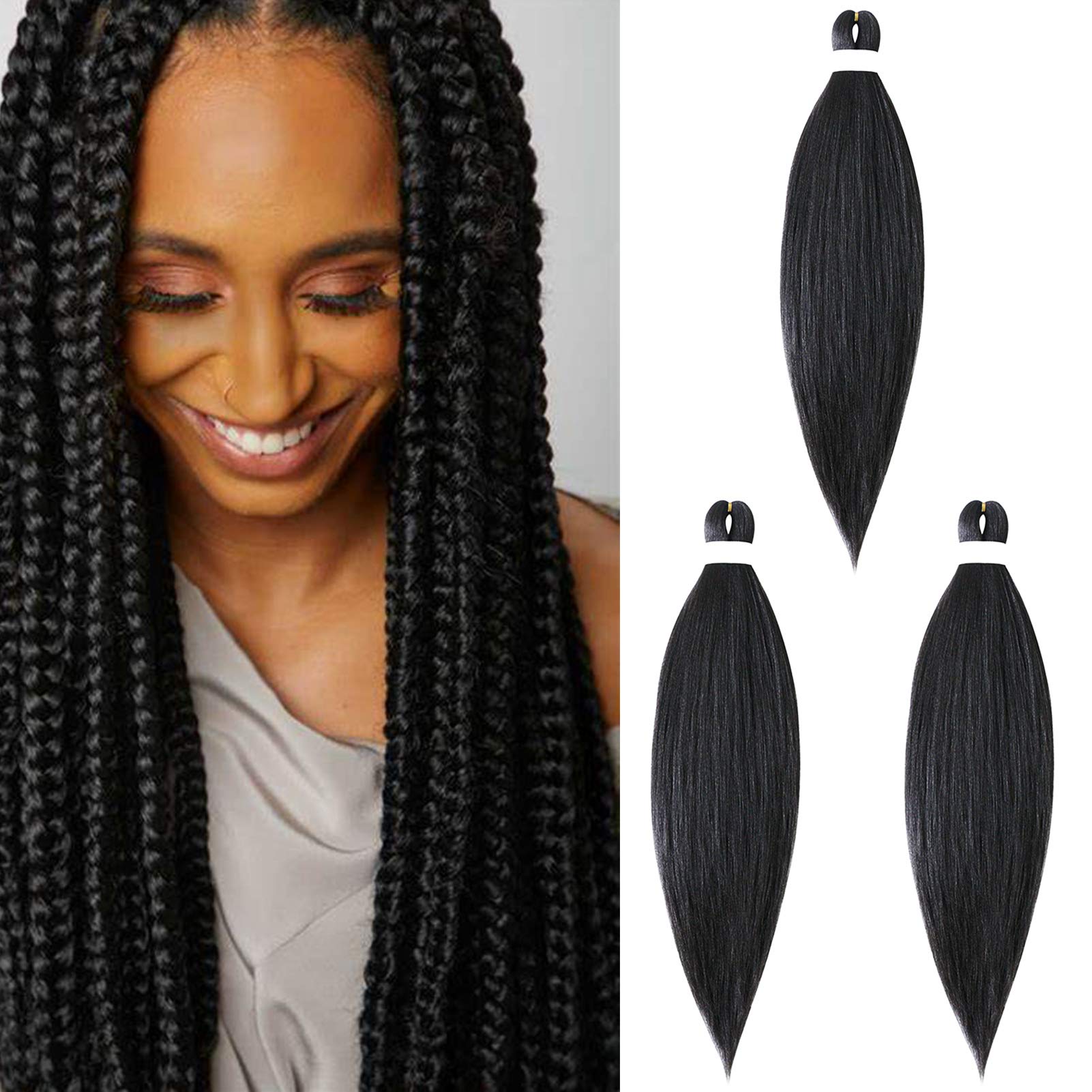 Pre stretched Braiding Hair Easy Braid Professional Hair Extensions Hot Water Setting Synthetic Fiber Crochet Twist Hair Yaki Texuture Itch Free Long Soft (26inch 3packs Jet Black)