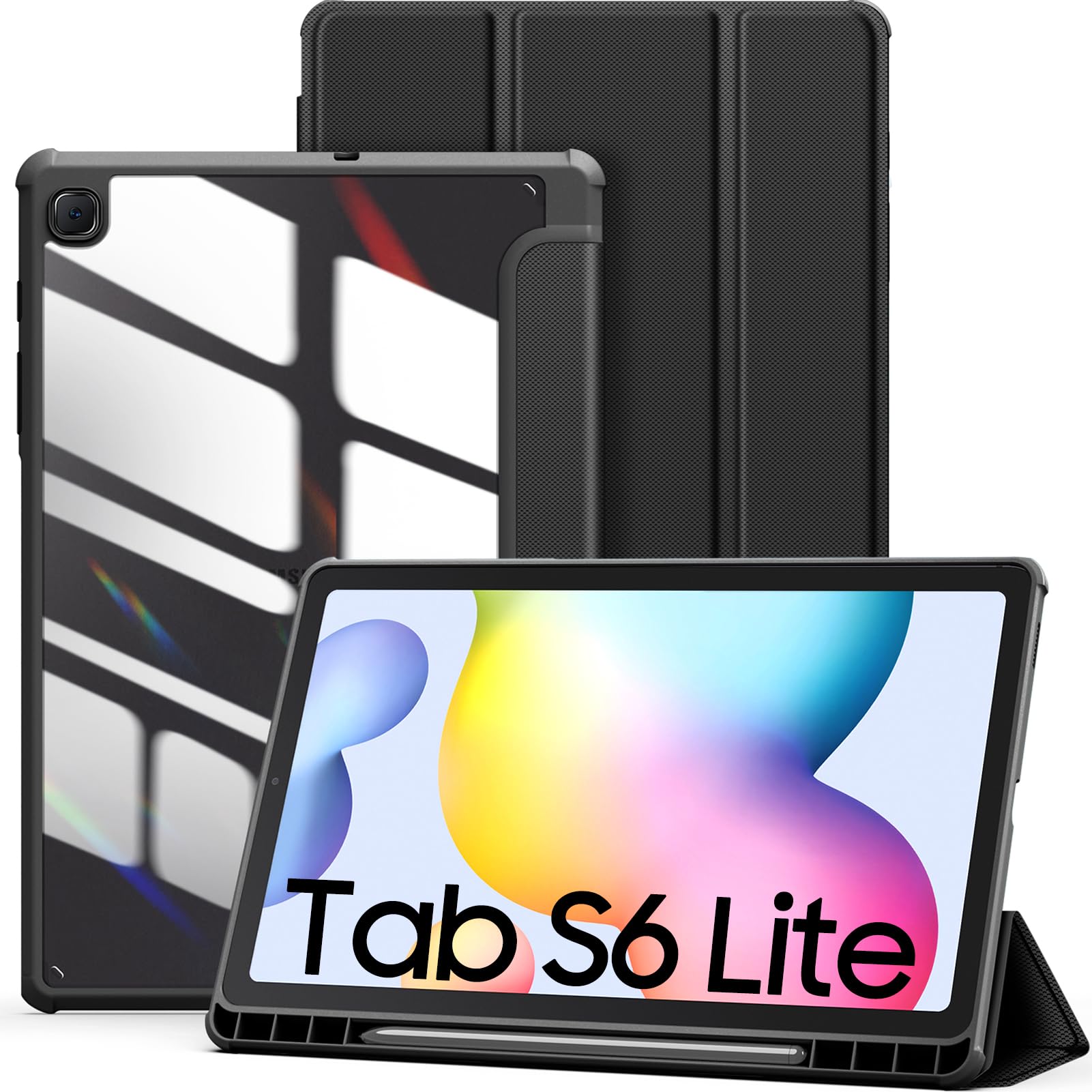 DUZZONA Slim Case for Samsung Galaxy Tab S6 Lite 10.4 Inch 2024/2022/2020 (SM-P620/P625/P610/P615/P613/P619), Clear Transparent Back Cover with S Pen Holder, Black