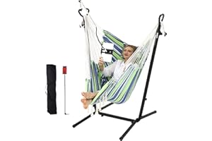 ZGZEYU ZEYU Hammock Chair with Stand Double Hammock Chair Bohemian Style with Tassel Mobile Phone Support Manual Adjustable Swing Indoor and Outdoor Garden Porch with Floor mat Reclining Capacity 400 pounds