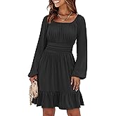 ANRABESS Womens Dress Long Lantern Sleeve Square Neck Elastic Waist Ruffle Flowy Swing A-Line Short Dresses 2025 Fall Fashion