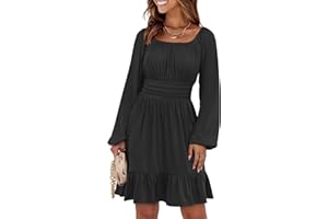 ANRABESS Womens Dress Long Lantern Sleeve Square Neck Elastic Waist Ruffle Flowy Swing A-Line Short Dresses 2025 Fall Fashion