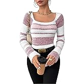 FOTKLAX Women's Pullover Striped Knit Scoop Neck Sweater Color Block Long Sleeve Cute Trendy Fuzzy Sweaters Pink