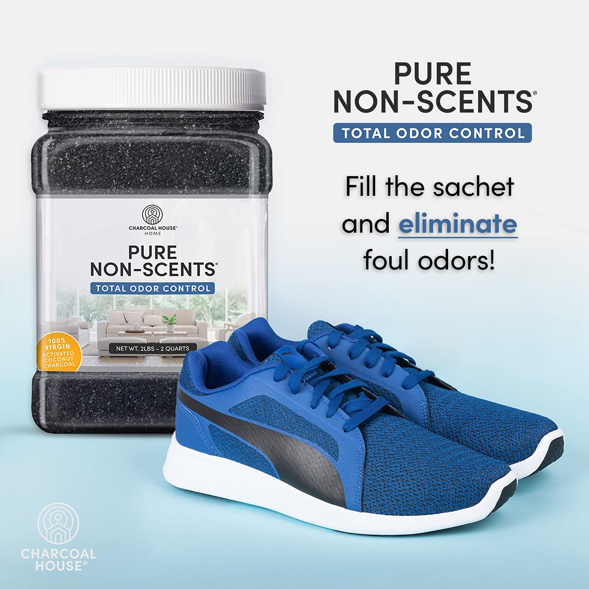 Pure Non Scents® Granular Coconut Shell Activated Charcoal - Non Toxic Odor Absorber & Eliminator for Home, Car, Shoes, Closet, Fridge, & More - Safe Deodorizer for Bad Odors - Unscented, 2lbs