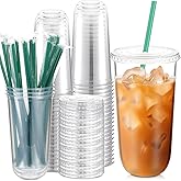 Baderke 25 Set Plastic Cups with Lids and Straws, Disposable Plastic Iced Coffee Cup for Cold Beverage Juice Smoothie Crystal for Coffee Shops Party Catering(Clear,20 oz)