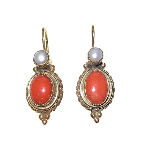 Korallen-Ohrringe orange-rot Süßwasser-Perle echt Hänger Haken verschließbar Silber vergoldet Handarbeit Unikat made in Italy