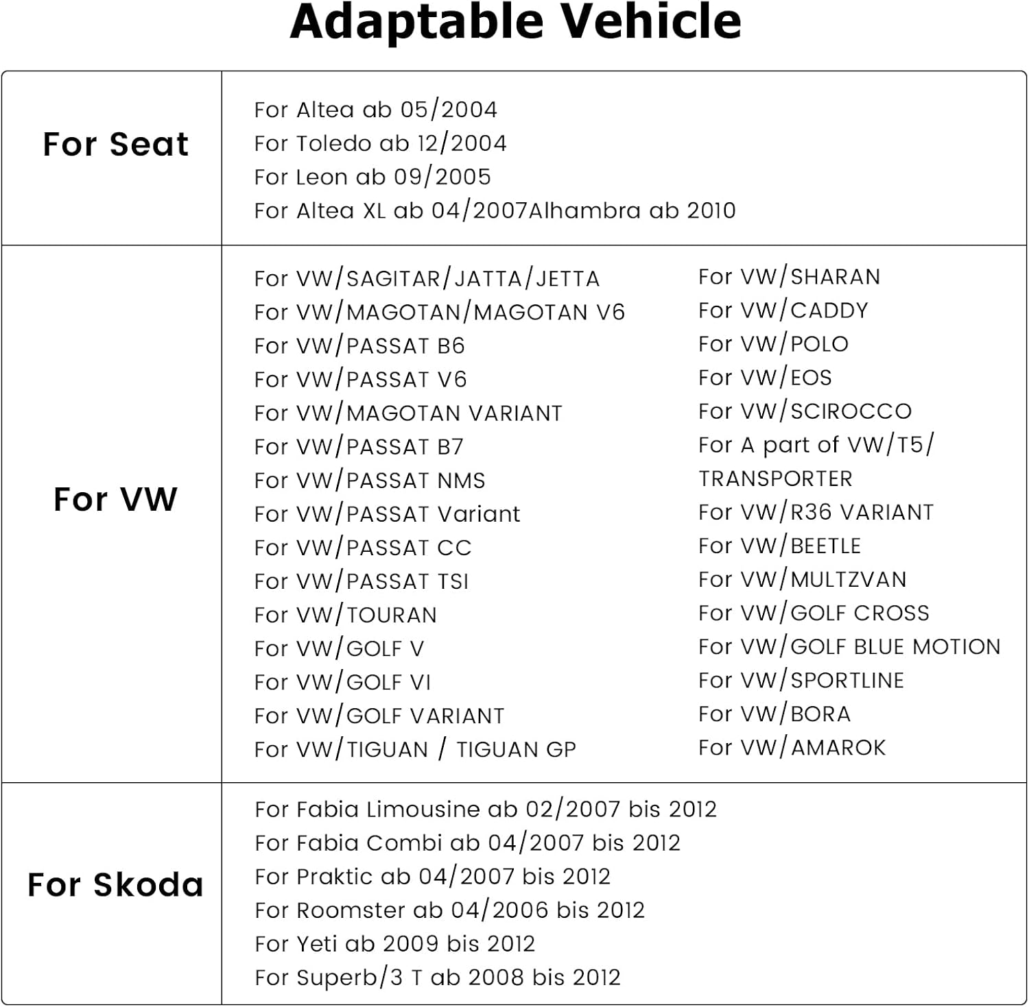 Table listing compatible car models for Seat, VW, and Skoda, with specific model names and production years.