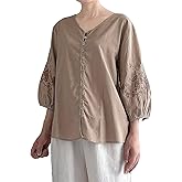 Minibee Women's Cotton Linen Shirts 3/4 Length Sleeve Tops V Neck Button Down Embroidered Blouses