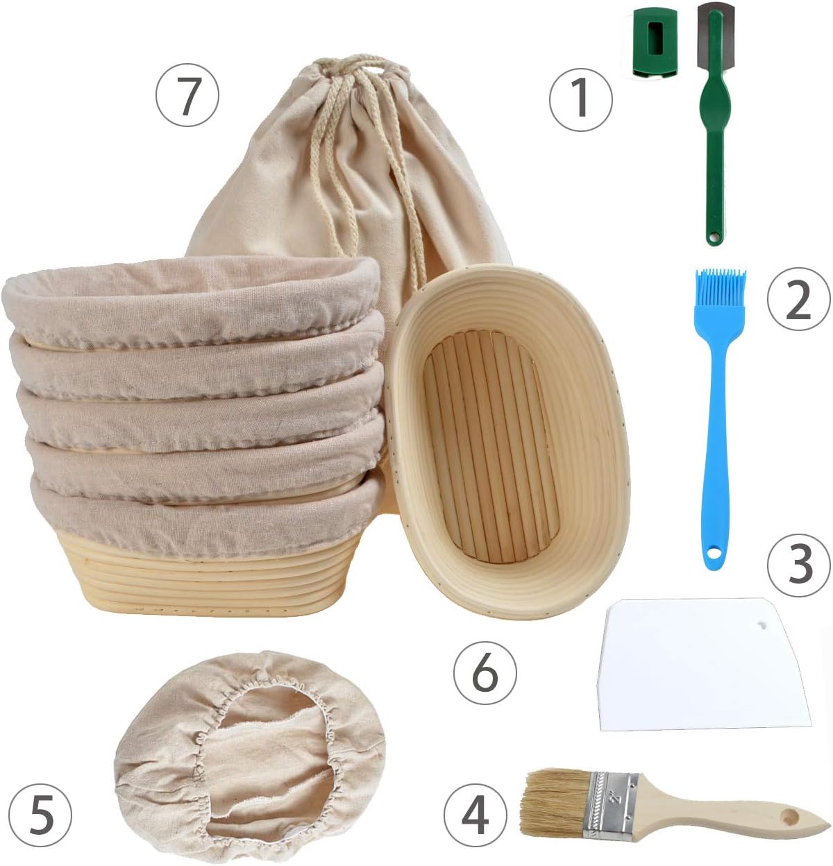 Pack 6X 21cm/8.26" Oval Bread Proofing Basket Natural Rattan Sourdough Proving Basket Bread Proving Brotform Bannetons for 500g Dough with Free Liner Bread Cutter Lame 2 x Brush Storage Linen Bag