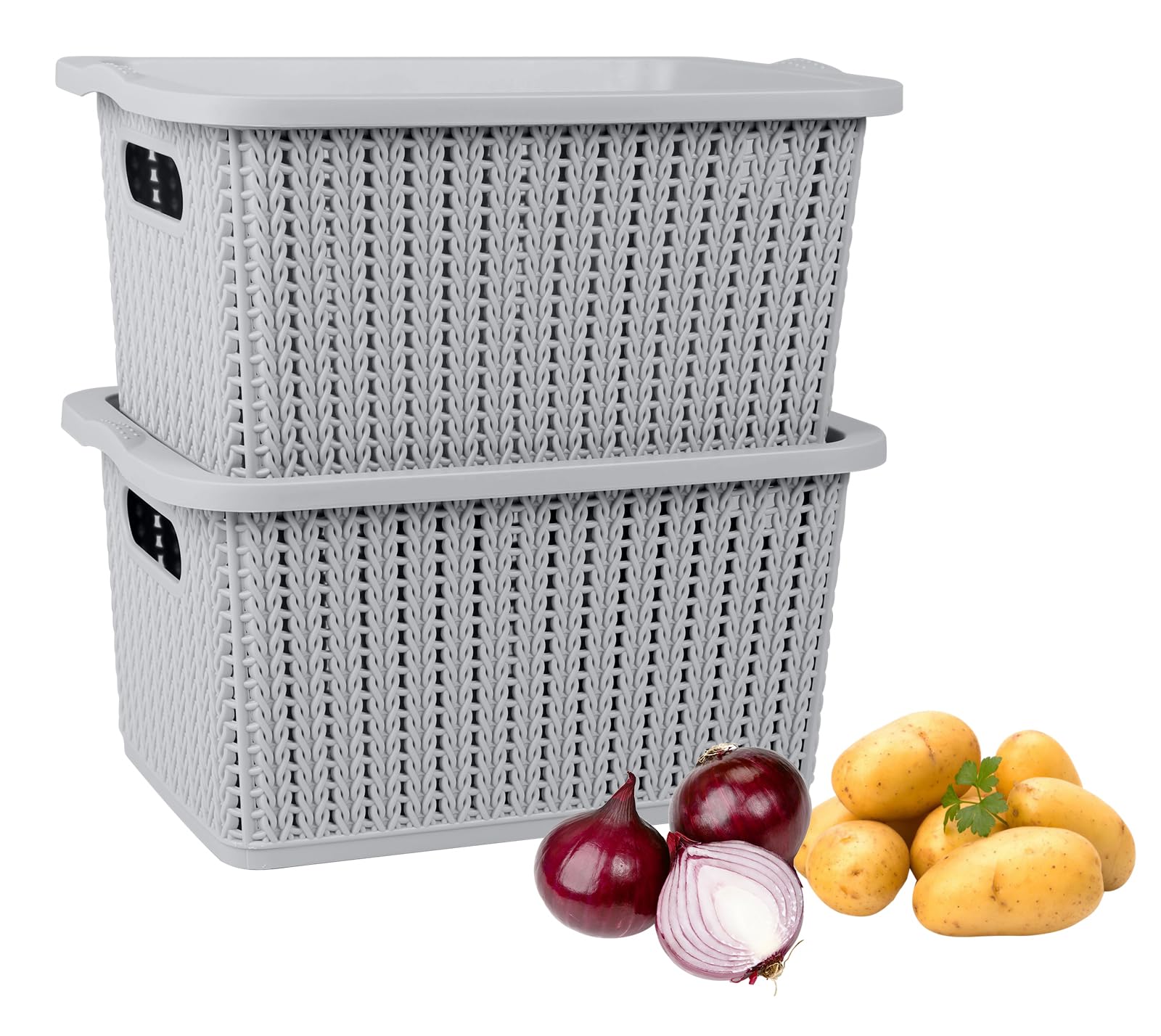 Gzsekken Potato Onion Storage Set 2 Pack - Stackable Plastic Pantry Bins with Lids, Vegetable Storage Box with Handle