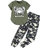 Hevemexy Girls Outfits Short Sleeve Irregular Tops + Camouflage Long Legging Outfits 2PCs Summer Pant Sets 6-14T