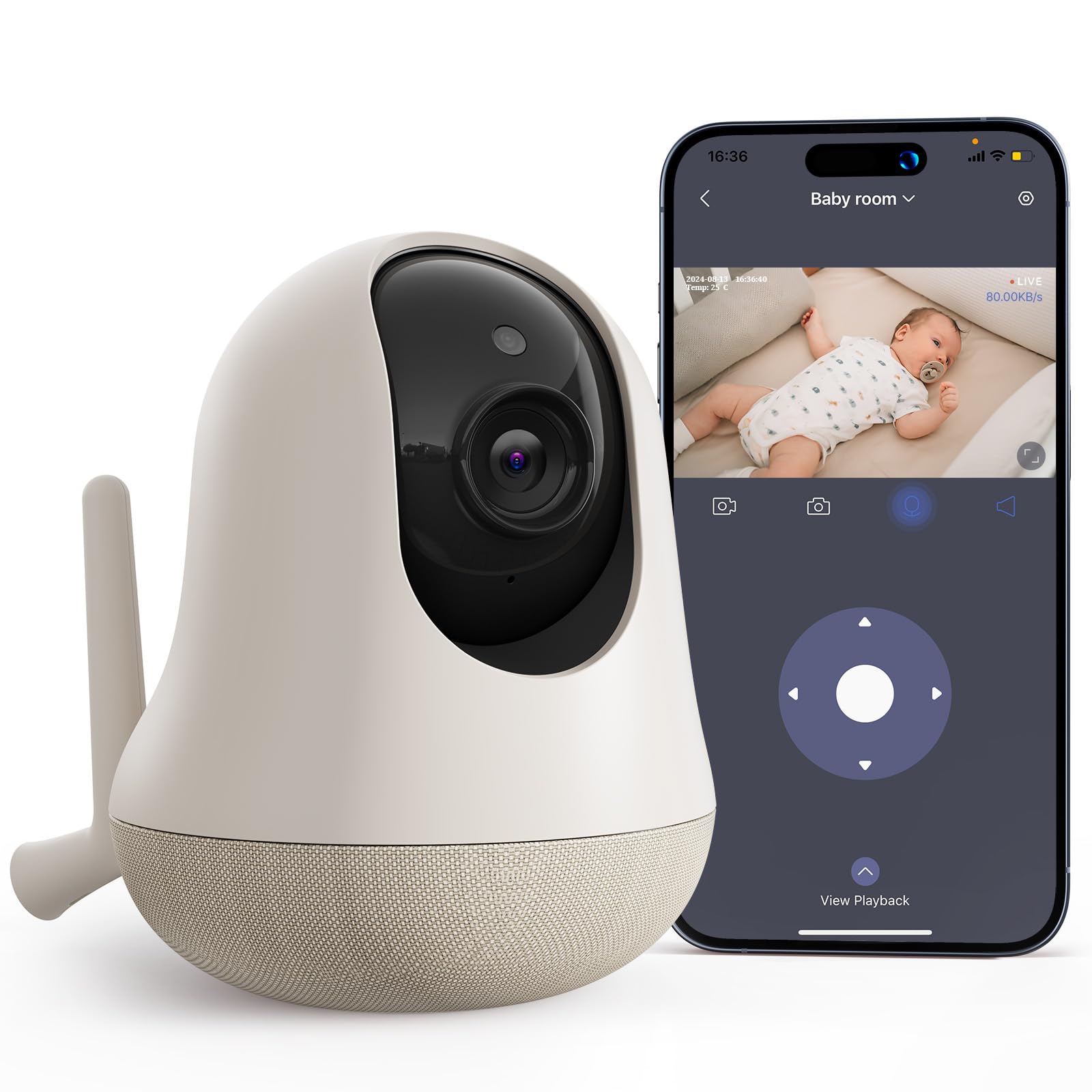 nooie Baby Monitor WiFi Baby Monitor with Camera and Night Vision 2K with Cry Detection, Temperature Sensor, AI Motion Track, Works with Alexa, Two-Way Audio, Motion & Sound Detection, Local SD/Cloud