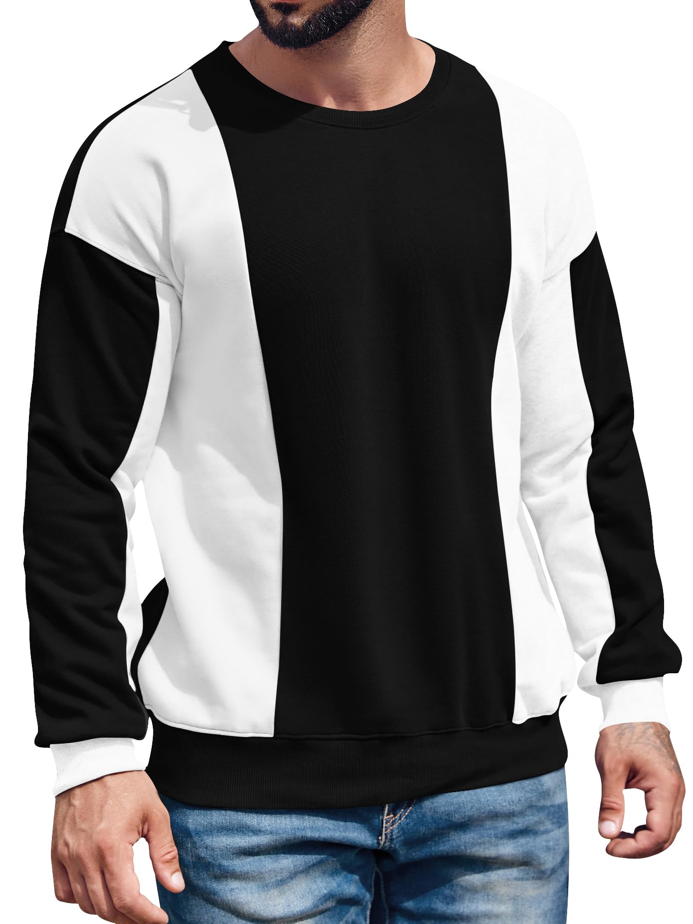 Photo 1 of (used)(XL) Runcati Mens Color Block Sweatshirt Pullover Crewneck Long Sleeve Fleece Casual Ribbed Patchwork Fall Tops Black