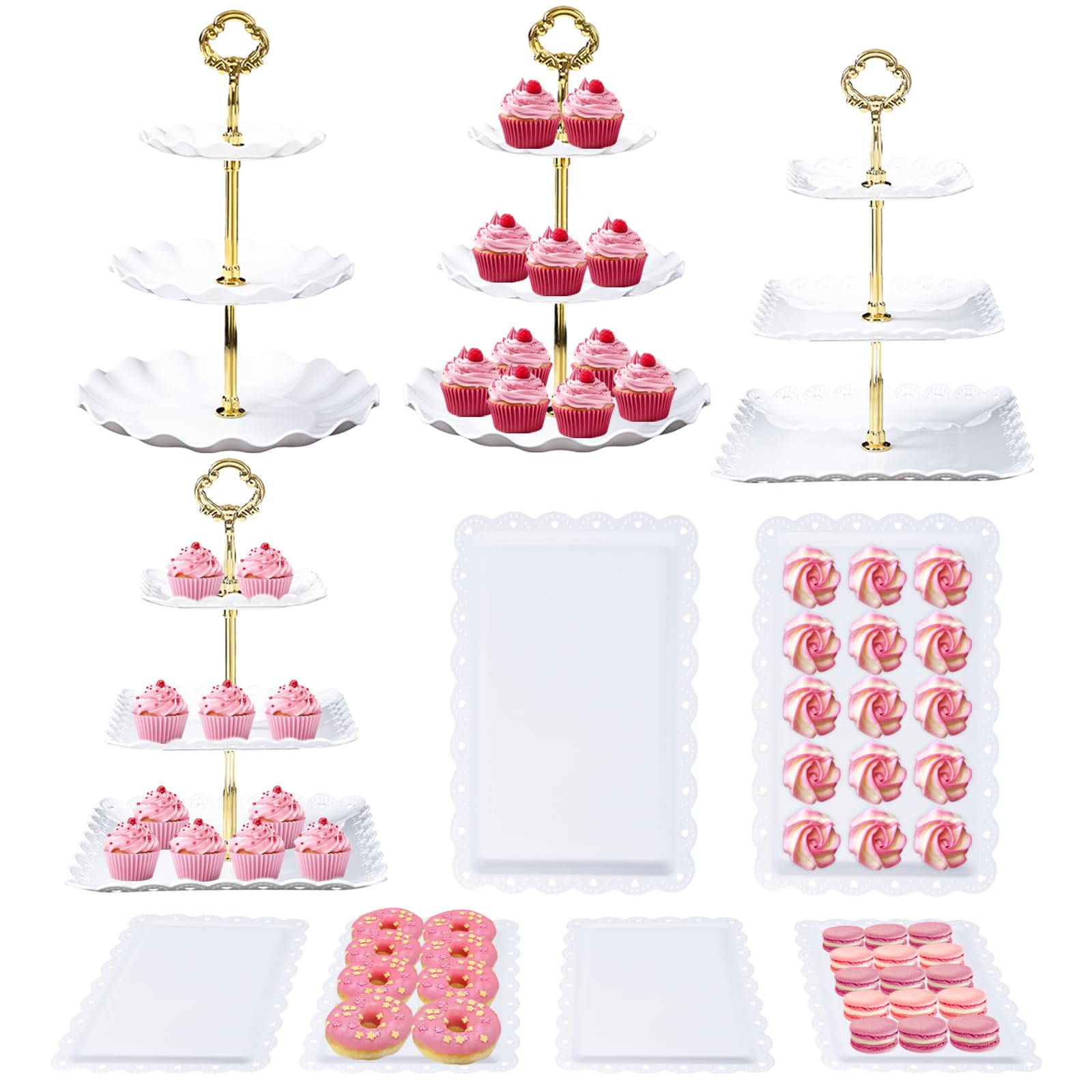 Photo 1 of Dessert Table Display,10Pcs Cake Stand Set,4 Pcs 3 Tiered Cupcake Stands and 6 Pcs Dessert Trays Serving Trays for Party Baby Shower Wedding Tea Party