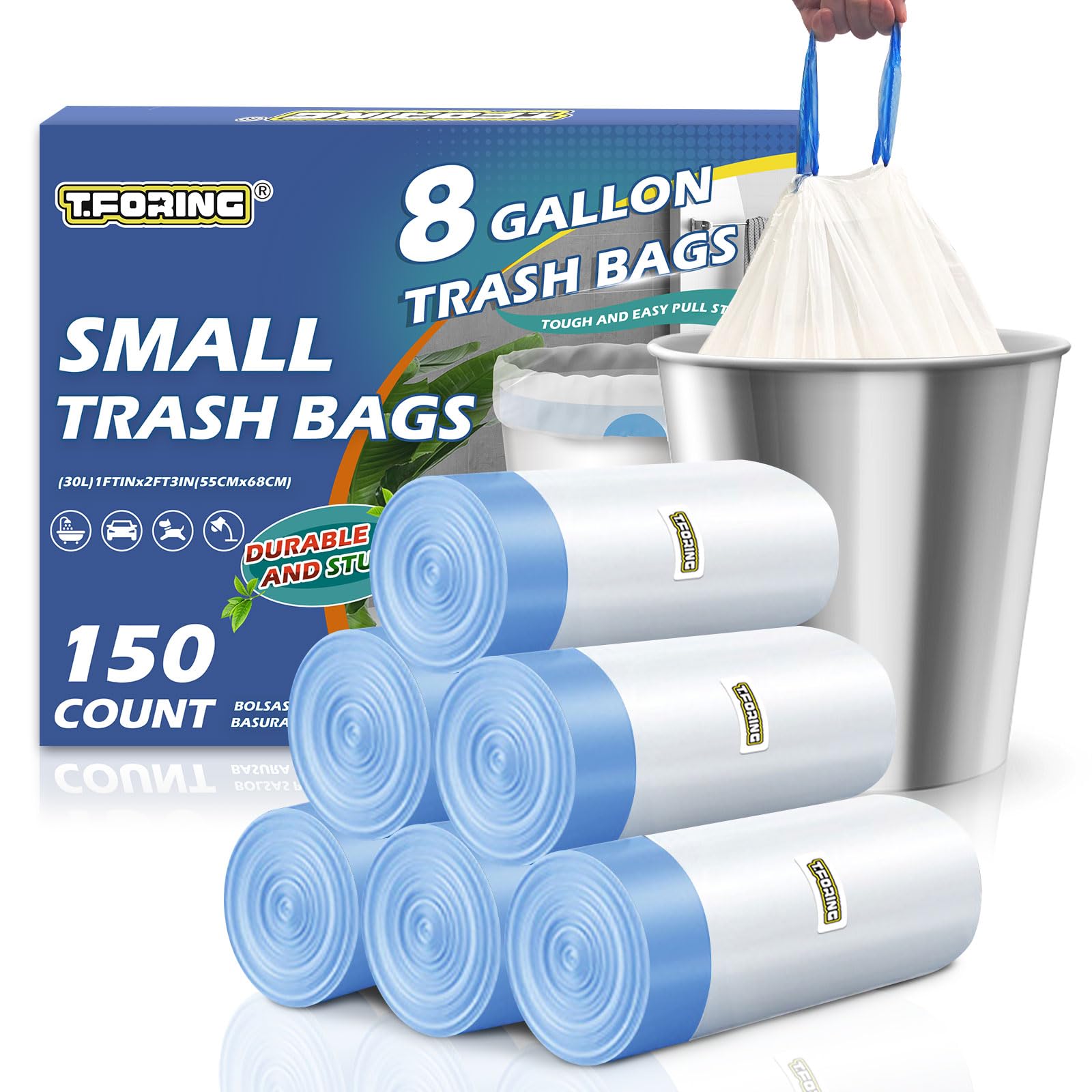 Photo 1 of T.FORING 150 Count 8 Gallon Trash Bags Drawstring - 1.2 Mil Heavy Duty Medium Garbage Bags Unscented, 30 Liter Thick Plastic Trash Can Liners for Home Kitchen Bathroom