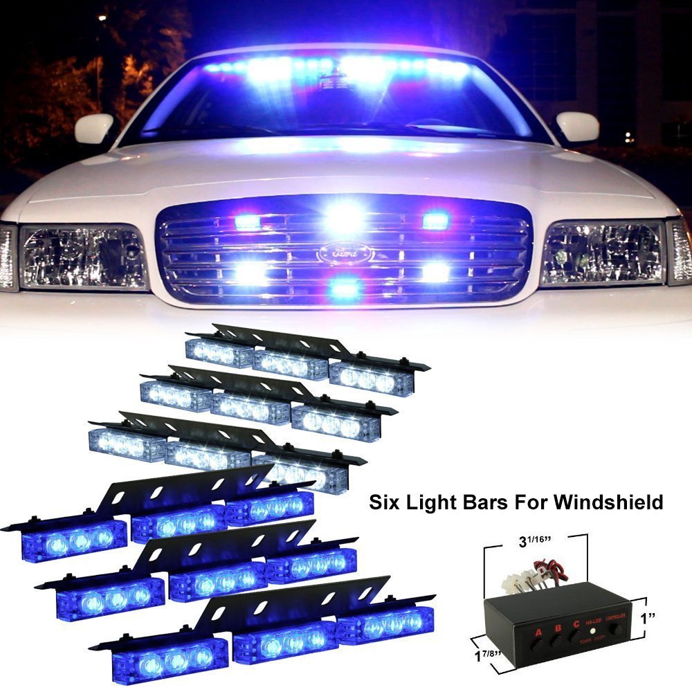 PACASK 54 LED Warning Use Flashing Strobe Lights Emergency Vehicle Strobe Lights Bar for Windshield Dash Grille（blue/white）