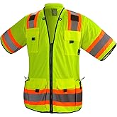 Gasoline Hi-Vis Sleeved Safety Vest For Men-Class 3 Heavy Woven Engineer Vest with Padded Neck to Support, surveyor vest