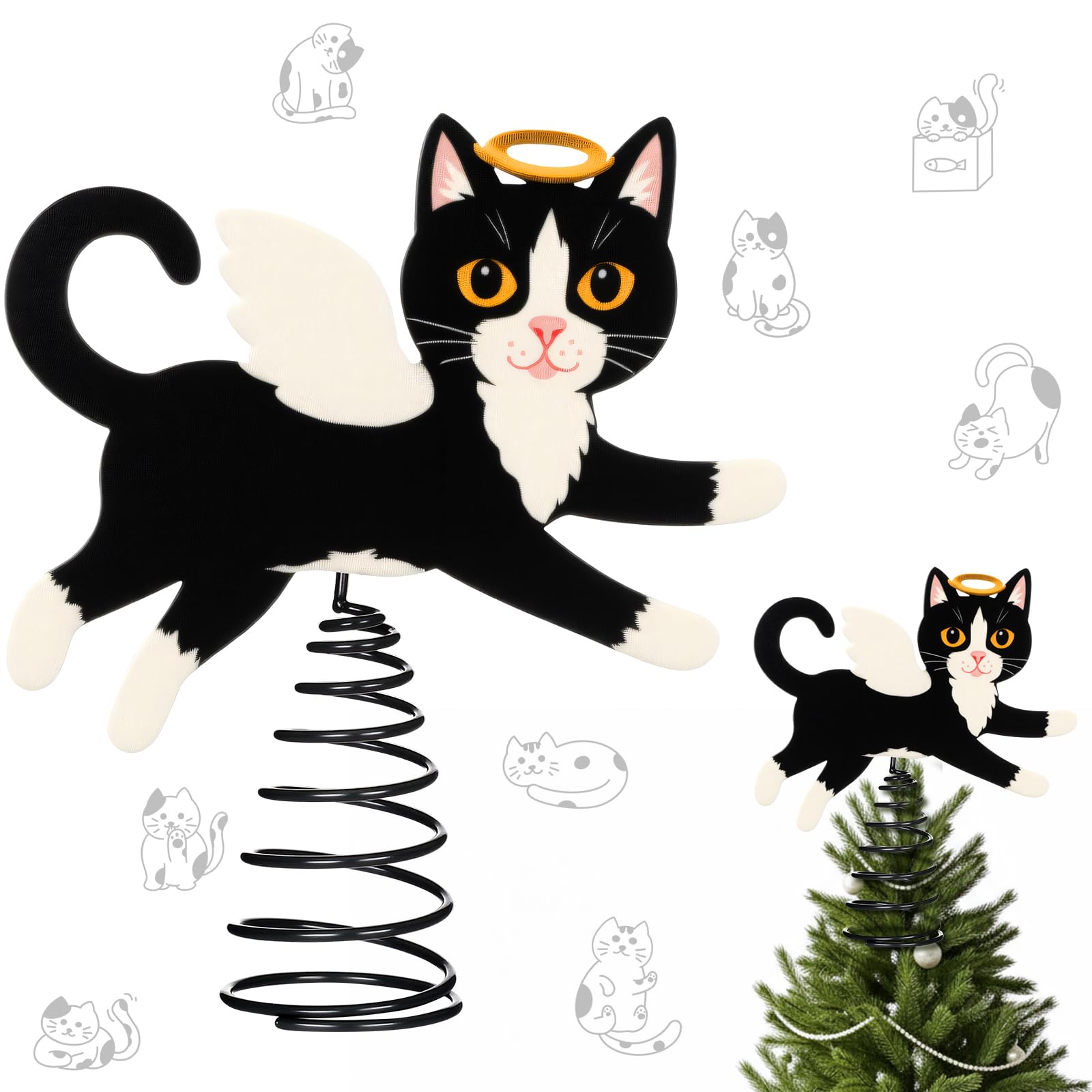 Photo 1 of Soulchen Christmas Tree Topper Metal Black Angel Cat Treetop Topper with Wings Christmas Tree Decoration for Cat Lovers Gift Xmas Winter Holiday Decoration