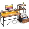 GreenForest Office Desk with Power Outlets and Printer Shelf, 59 inch Computer Desk with LED and Drawer, Reversible Gaming Desk with Storage for Home Study Working,Walnut