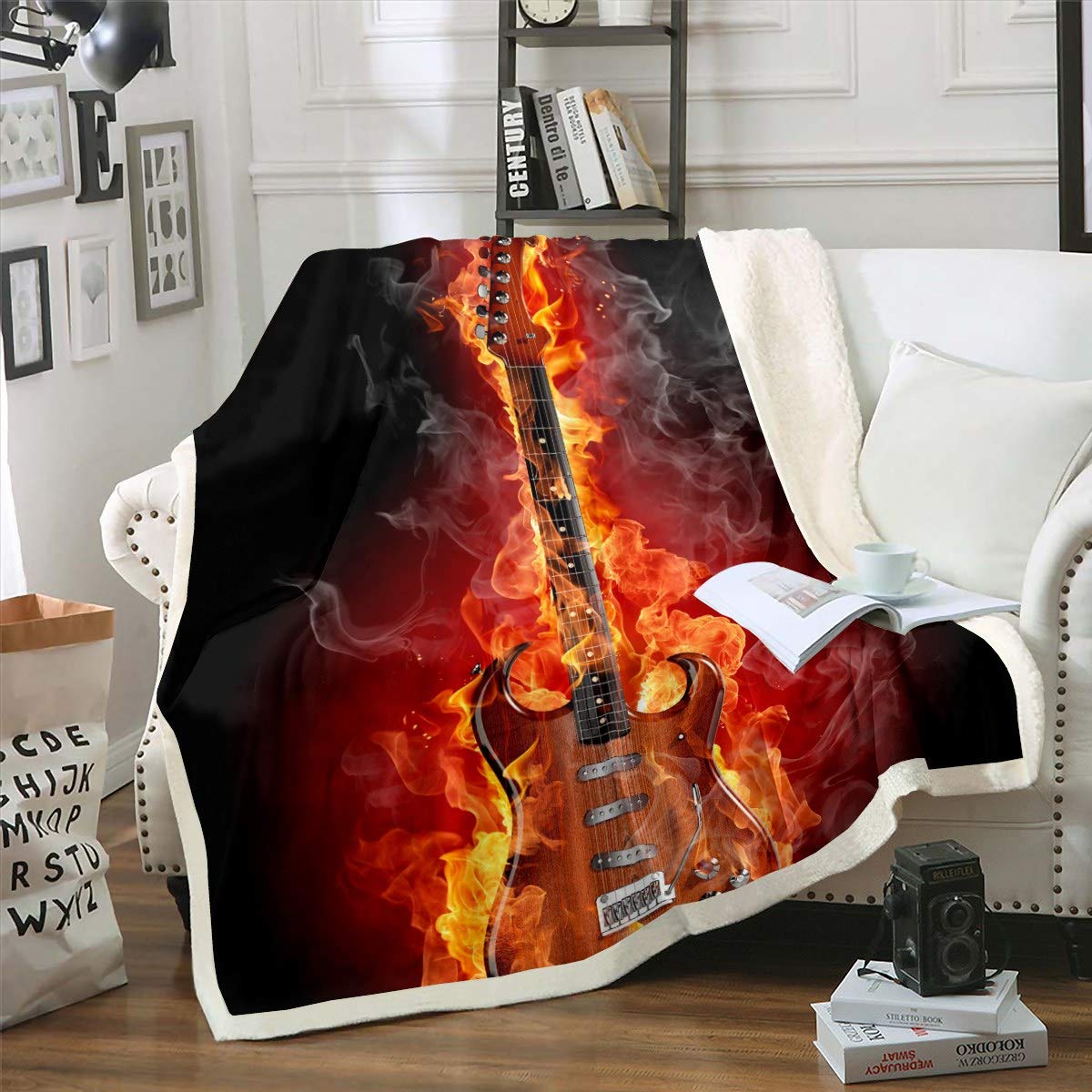 Loussiesd Guitar Fleece Blanket for Sofa Couch Rock Music Themed Sherpa Throw Blanket Musical Pattern Fuzzy Blanket Electric Guitar Instruments Decor Plush Blanket Single 50"x60" Reversible