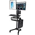 AW Rolling Computer Cart Medical Mobile PC Stand Desk Workstation Dual Monitor Mount Adjustable with Wheels Keyboard Tray CPU Printer Holder for Hospital Clinic School Office Black