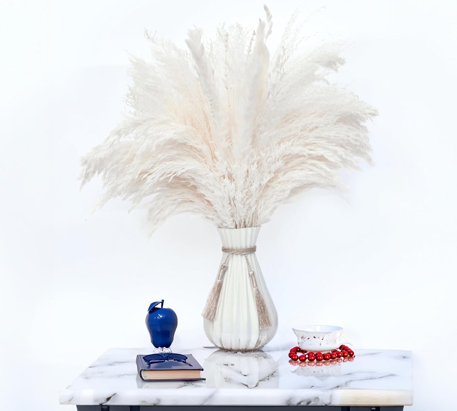 Dried & Preserved Flora - 12 Stems Fluffy White Natural Dried Pampas Grass, Boho Home Decor Flowers Arrangements, 17 Inch White Pompous Grass, 5 Reed, 10 Lavender, 4 Elfin, 3 Valentine, 6 Luxury Pompass Grass,Ideal for Wedding