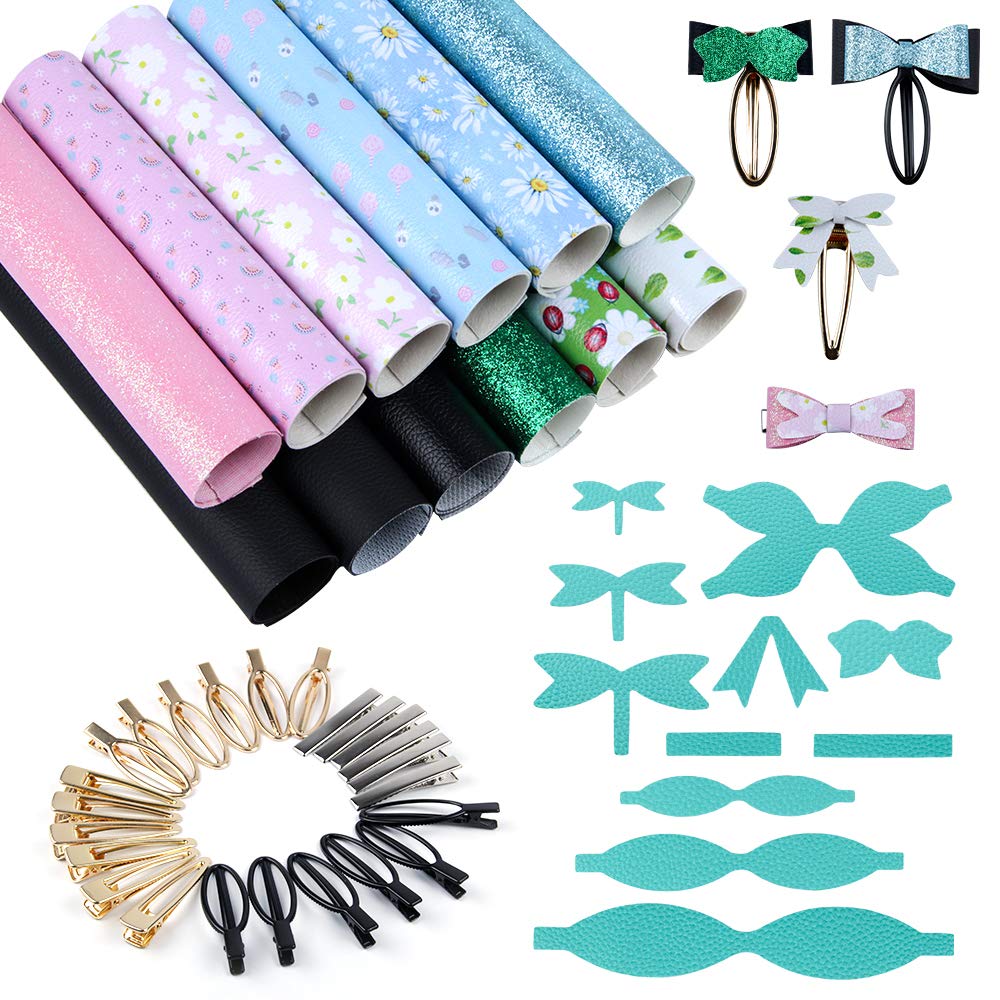 Casiwaft Jewelry Making kit with 4 Colors System Faux Leather Sheets, 26PCS Metal Hair Clips for DIY Craft, Leather Bows, Leather Earring, Kids Headdress