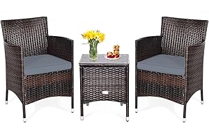 KOTEK 3 Piece Patio Furniture Set, Outdoor Wicker Conversation Set w/Glass Top Coffee Table, Thick Cushions, Rattan Bistro Se